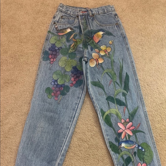 Paul Ropp Denim - Paul Ropp hand paint /art  bird garden Vintage  90’s painted jeans Rare